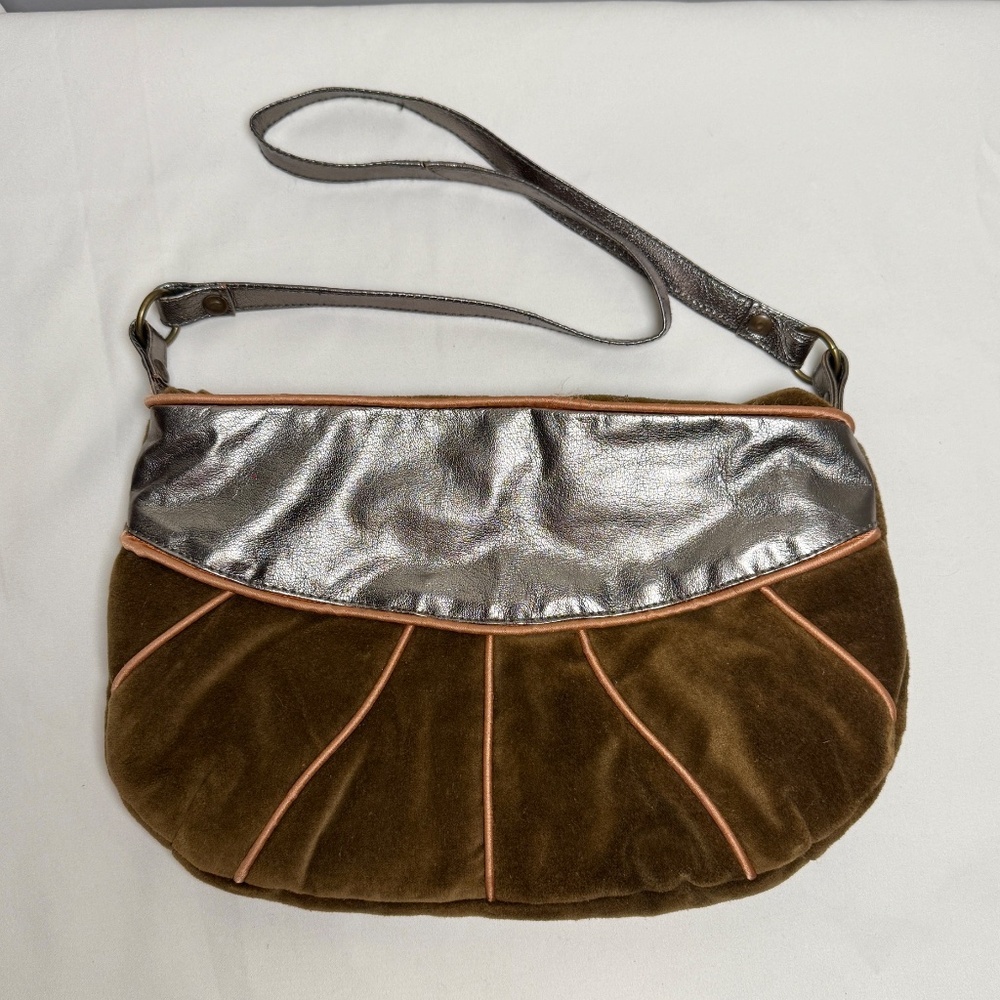 Vintage Y2K Brown Velvet Shoulder Bag Metallic Leather Mixed Media Boho Pleated